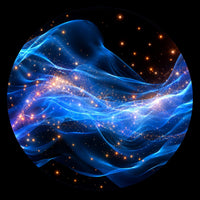 A circular abstract artwork featuring glowing blue wave-like forms and scattered golden-orange stars on a black background.