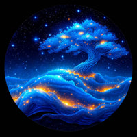A circular digital art print featuring a glowing blue tree with orange-glowing lights set against a starry night sky and luminous blue waves, framed by a black background.