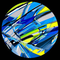 Abstract circular artwork featuring a dynamic composition of layered geometric shapes in shades of blue, yellow, gray, and black, set against a solid black background.