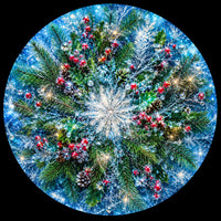 A circular Christmas wreath design featuring green pine branches, red berries, snowflake decorations, and a large white snowflake motif in the center, set against a black background.