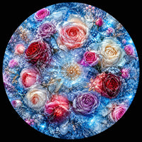 A circular floral artwork featuring a dense arrangement of roses and blossoms in pastel pink, cream, red, purple, and magenta over a luminous icy blue background, set against a black surround.