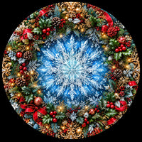 Elegant Christmas wreath design with crystal snowflake, evergreen branches, red berries, pine cones, red ribbons and gold ornaments for a personalized custom vinyl record disc