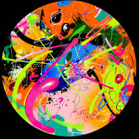 Colorful abstract graffiti art with neon pink, orange, green, blue and black brushstrokes for a personalized custom vinyl record disc.