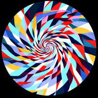 A circular abstract artwork featuring a swirling spiral pattern made of many bold, overlapping geometric stripes in red, blue, white, yellow, pink, and purple on a black background.