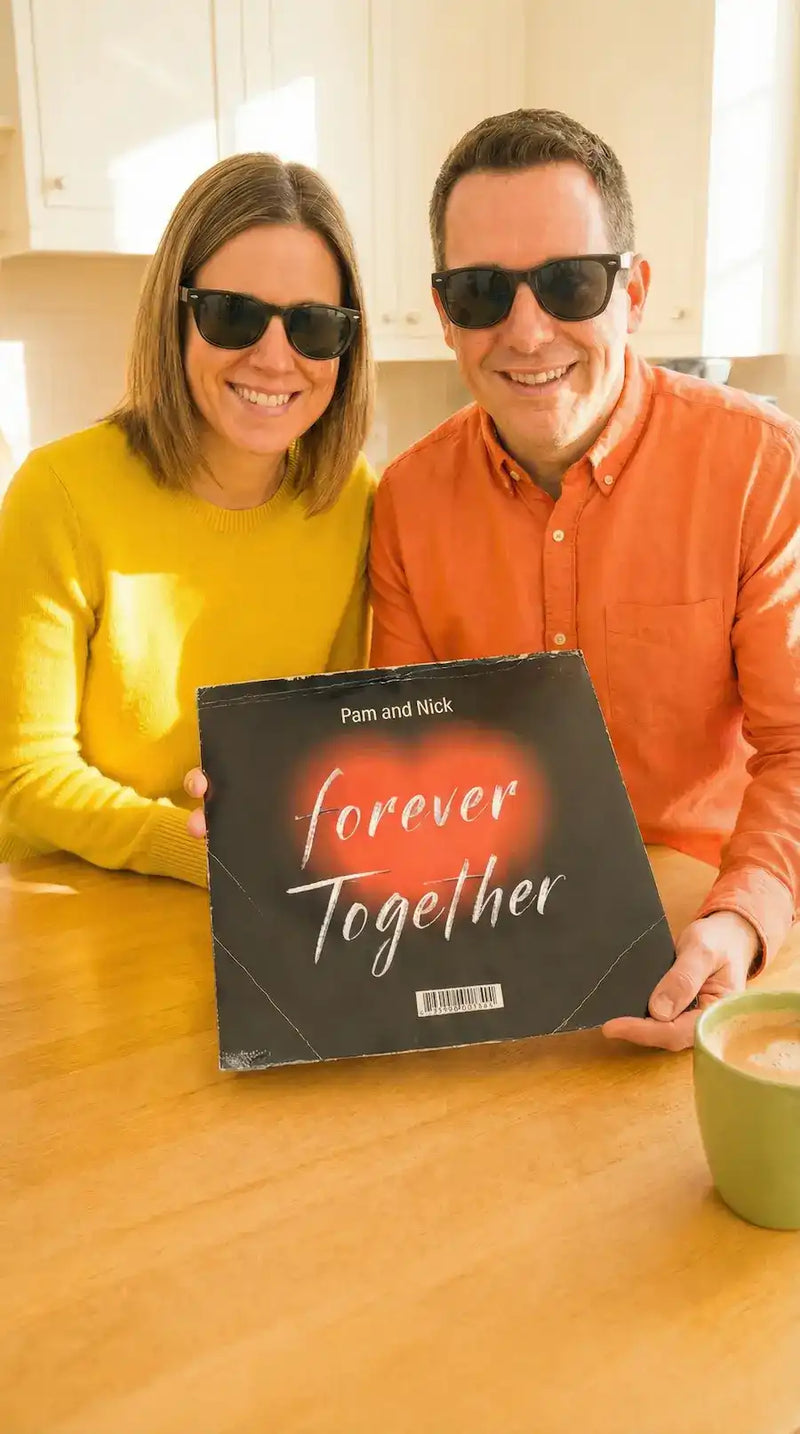A happy couple in a bright kitchen holding a custom vinyl record cover that says Pam and Nick Forever Together with a red heart