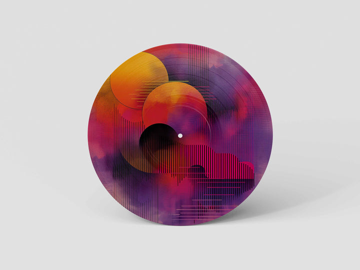 Custom 12-inch picture vinyl record with abstract modern art design in blue, orange, and red tones. Unique personalized vinyl pressing for custom music gifts, home decor, weddings, anniversaries, and special occasions