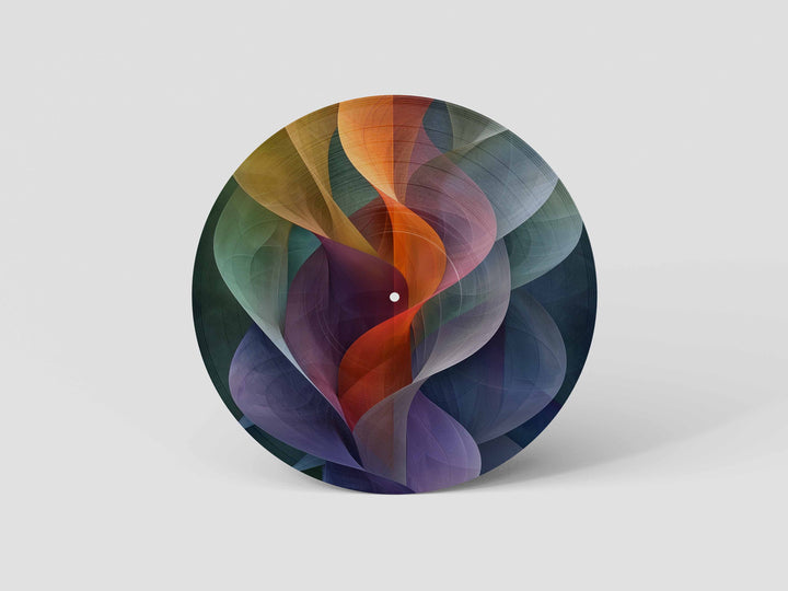 Custom 12-inch picture vinyl record with abstract modern art design in blue, orange, and red tones. Unique personalized vinyl pressing for custom music gifts, home decor, weddings, anniversaries, and special occasions