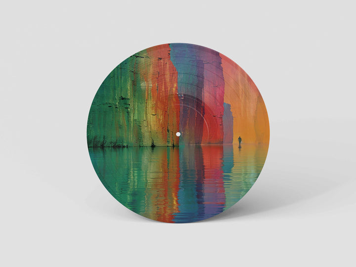 Custom 12-inch picture vinyl record with abstract modern art design in blue, orange, and red tones. Unique personalized vinyl pressing for custom music gifts, home decor, weddings, anniversaries, and special occasions