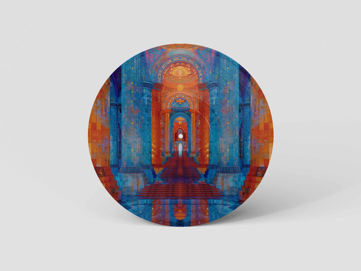 Custom 12-inch picture vinyl record with abstract modern art design in blue, orange, and red tones. Unique personalized vinyl pressing for custom music gifts, home decor, weddings, anniversaries, and special occasions