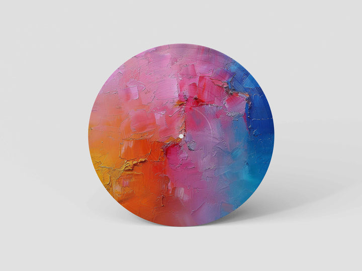 Custom 12-inch picture vinyl record with abstract modern art design in blue, orange, and red tones. Unique personalized vinyl pressing for custom music gifts, home decor, weddings, anniversaries, and special occasions