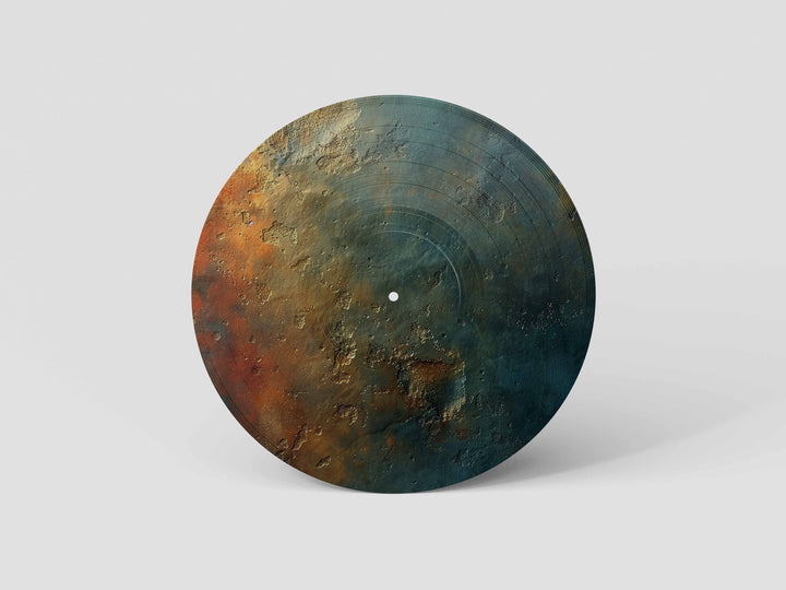 Custom 12-inch picture vinyl record with abstract modern art design in blue, orange, and red tones. Unique personalized vinyl pressing for custom music gifts, home decor, weddings, anniversaries, and special occasions