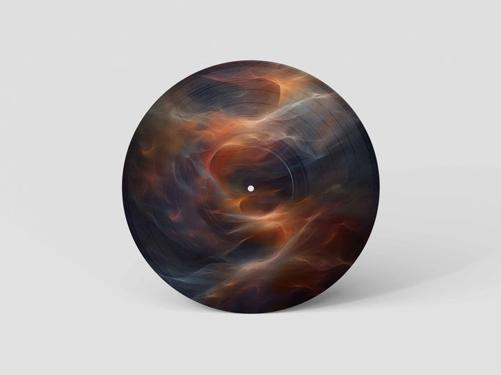 Custom 12-inch picture vinyl record with abstract modern art design in blue, orange, and red tones. Unique personalized vinyl pressing for custom music gifts, home decor, weddings, anniversaries, and special occasions