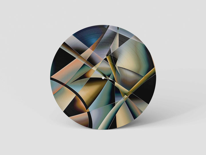Custom 12-inch picture vinyl record with abstract modern art design in blue, orange, and red tones. Unique personalized vinyl pressing for custom music gifts, home decor, weddings, anniversaries, and special occasions