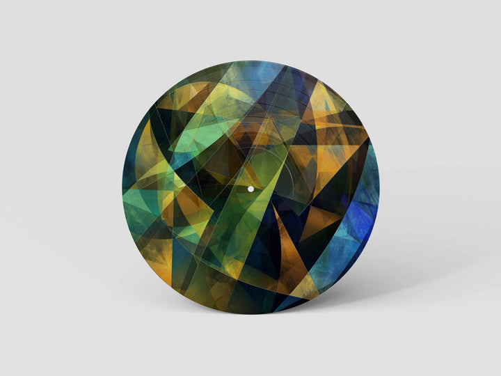 Custom 12-inch picture vinyl record with abstract modern art design in blue, orange, and red tones. Unique personalized vinyl pressing for custom music gifts, home decor, weddings, anniversaries, and special occasions
