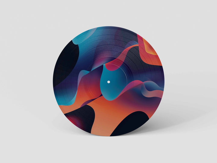 Custom 12-inch picture vinyl record with abstract modern art design in blue, orange, and red tones. Unique personalized vinyl pressing for custom music gifts, home decor, weddings, anniversaries, and special occasions