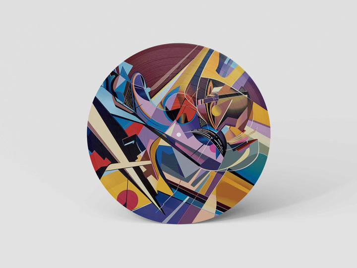 Custom 12-inch picture vinyl record with abstract modern art design in blue, orange, and red tones. Unique personalized vinyl pressing for custom music gifts, home decor, weddings, anniversaries, and special occasions