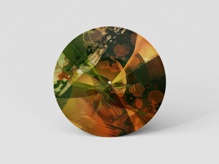 Custom 12-inch picture vinyl record with abstract modern art design in blue, orange, and red tones. Unique personalized vinyl pressing for custom music gifts, home decor, weddings, anniversaries, and special occasions
