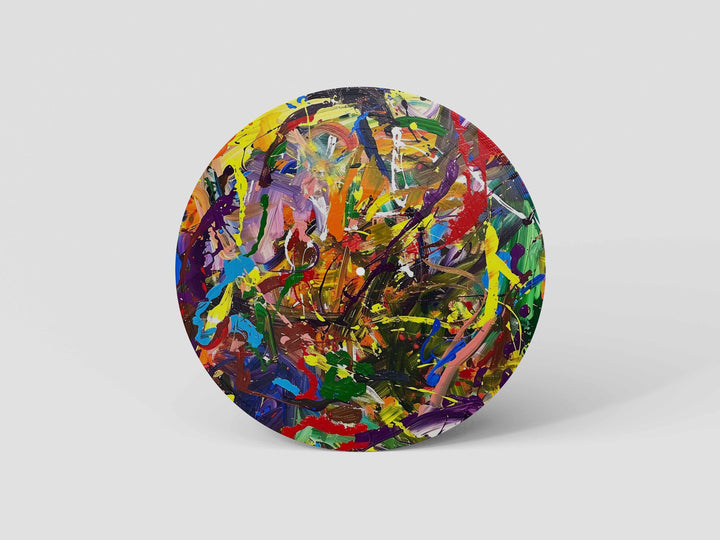 Custom 12-inch picture vinyl record with abstract modern art design in blue, orange, and red tones. Unique personalized vinyl pressing for custom music gifts, home decor, weddings, anniversaries, and special occasions