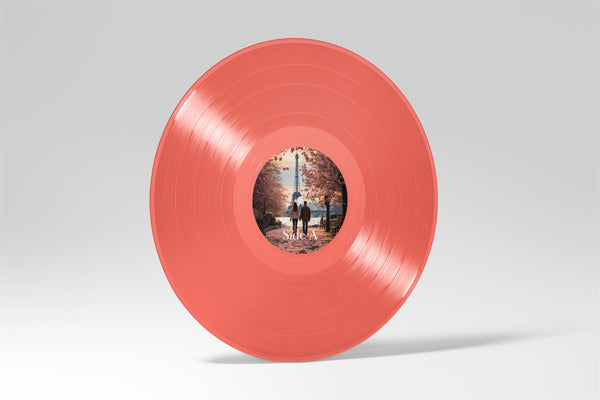 Custom coral 12-inch vinyl record with personalized photo label of couple walking under cherry blossoms. Unique personalized vinyl pressing for weddings, anniversaries, romantic gifts, and custom music keepsakes