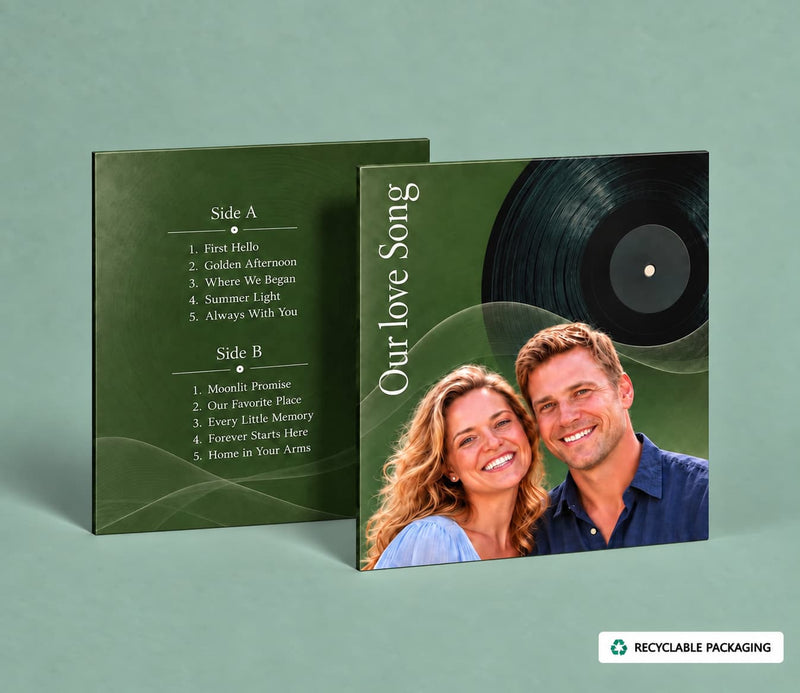 A custom vinyl record album sleeve mockup displayed on a solid sage green background. The front cover features a photo of a smiling couple next to a black vinyl record graphic and the title 'Our love Song'.