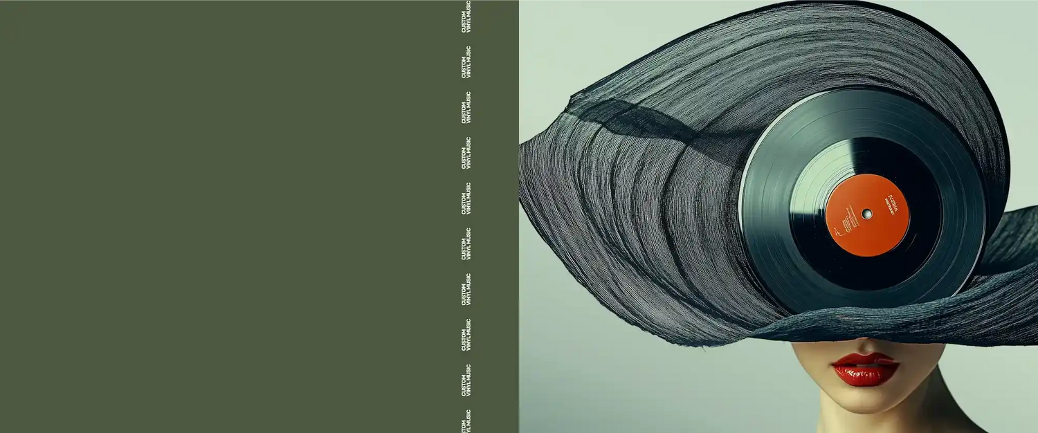 Creative portrait of a woman wearing a vinyl record hat, introducing a collection of best-selling custom vinyl records and personalized music gifts.