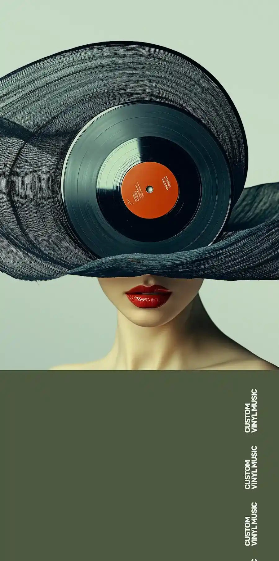 Creative portrait of a woman wearing a vinyl record hat, introducing a collection of best-selling custom vinyl records and personalized music gifts