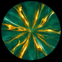 Abstract circular artwork featuring a radial burst of metallic gold and teal-green flowing lines on a black background.