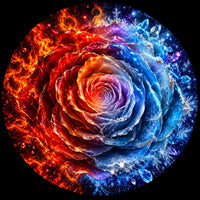 A circular cosmic rose artwork with a fiery red and orange left side blending into a glowing blue and purple right side, set against a black background with sparkling star-like details and crystal motifs.