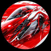 Futuristic red, white, black and silver sports car illustration with sharp aerodynamic lines for a personalized custom vinyl record disc
