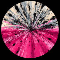 Abstract circular artwork featuring a radial burst with a vivid magenta-pink lower half, a cream and gray upper half, and black splatter and streak details across the composition, set against a black background.