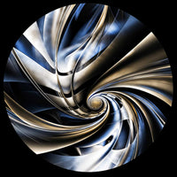 Abstract circular artwork featuring a swirling metallic spiral with reflective silver, blue, and warm gold-toned bands on a black background.