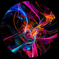 Abstract digital artwork featuring vibrant neon light streaks in blue, pink, orange, and purple swirling around a bright central core on a black background.