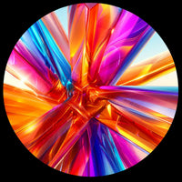 Vibrant orange, red, pink, purple and blue abstract geometric light burst with glossy layered shapes for a personalized custom vinyl record disc