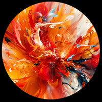 Abstract circular artwork featuring a dynamic paint explosion with swirling orange, red, white, yellow, and blue brushstrokes on a black background.
