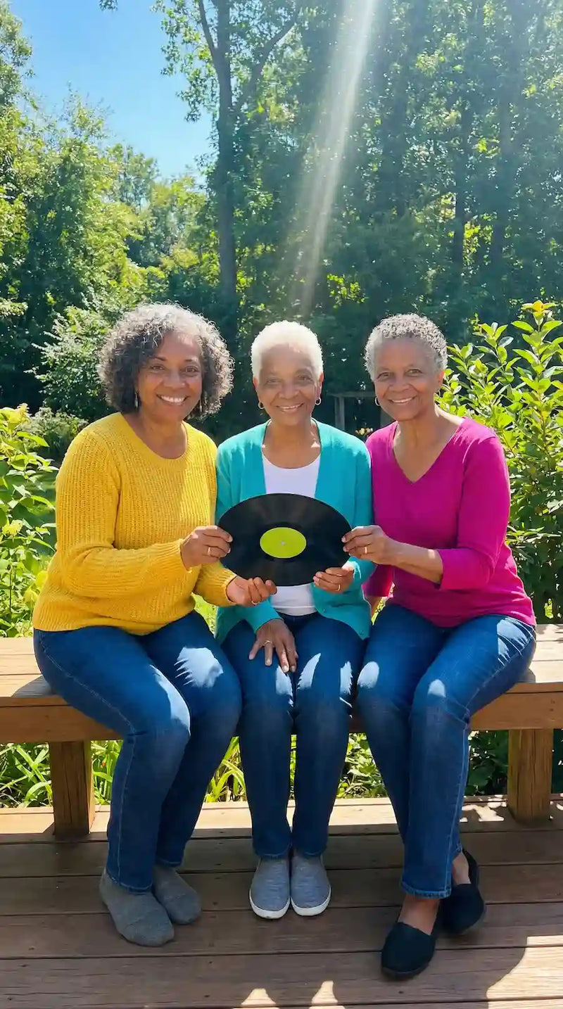 Three smiling women sitting on a garden bench holding a custom black vinyl record with a yellow label
