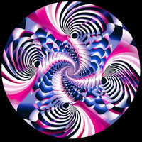 Hypnotic pink, blue, black and white spiral optical illusion abstract art for a personalized custom vinyl record disc