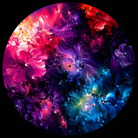 A circular abstract artwork featuring swirling floral and cosmic patterns in vivid magenta, purple, blue, red, and black, set against a black background.