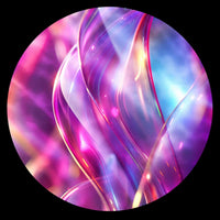 Abstract circular artwork featuring flowing translucent ribbon-like forms in vivid magenta, purple, blue, and pink tones on a black background.