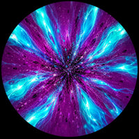 Abstract circular artwork with a radial burst of vivid magenta-purple and bright cyan-blue marbled streaks, with small dark speckles, centered on a black background.