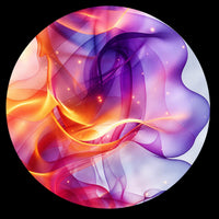 Abstract circular artwork featuring flowing translucent ribbons in purple, pink, orange, and white on a black background.