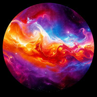 A circular cosmic nebula artwork featuring swirling clouds of orange, red, purple, blue, and pink with scattered stars on a black background.