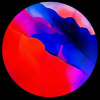A circular abstract artwork featuring a bold color-blocked design with vibrant red, magenta, blue, and pink sections on a black background.