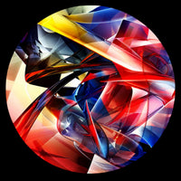 Dynamic red, blue, yellow, black and silver geometric abstract art with sharp layered shapes for a personalized custom vinyl record disc