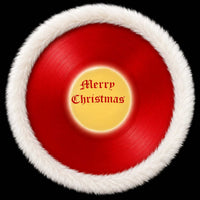 A circular red vinyl record with a white faux-fur trim and a yellow center label reading 'Merry Christmas' in red lettering, shown on a black background.