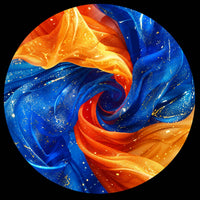Rich royal blue and orange flowing abstract fabric waves with shimmering gold speckles for a personalized custom vinyl record disc
