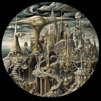 Surreal retro-futuristic fantasy city with whimsical towers, strange creatures and intricate architectural details for a personalized custom vinyl record disc