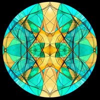 A circular abstract artwork with a symmetrical kaleidoscopic pattern in bright cyan, teal, yellow, and cream, overlaid with thin black intersecting lines, set against a solid black background.