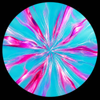 Bright turquoise and hot pink abstract radial burst with glossy flowing streaks for a personalized custom vinyl record disc