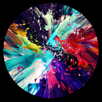 A circular abstract artwork featuring a vibrant paint-splatter and brushstroke composition in turquoise, purple, red, pink, yellow, and white against a black background.