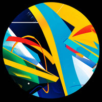 Abstract geometric art print featuring bold shapes and lines in yellow, blue, green, red, and white on a black background.